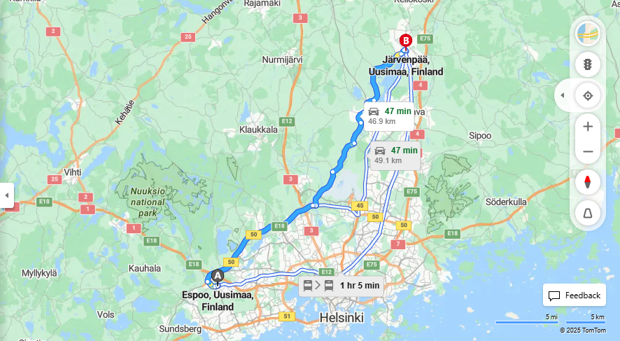 Espoo Jarvenpaan valinen matka: Etaisyys, ajo, liikenne ja matkustusvaihtoehdot