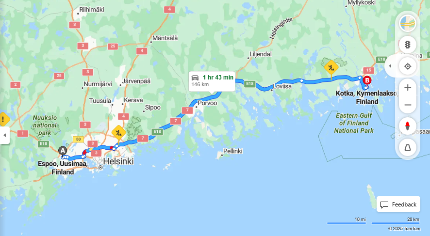 Espoon ja Kotkan valinen matka: Etaisyys, ajo, liikenne ja matkustusvaihtoehdot