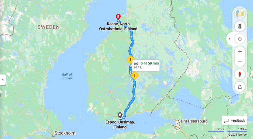 Espoon ja Raahen valinen matka: Etaisyys, ajo, kuljetus ja matkustusvaihtoehdot