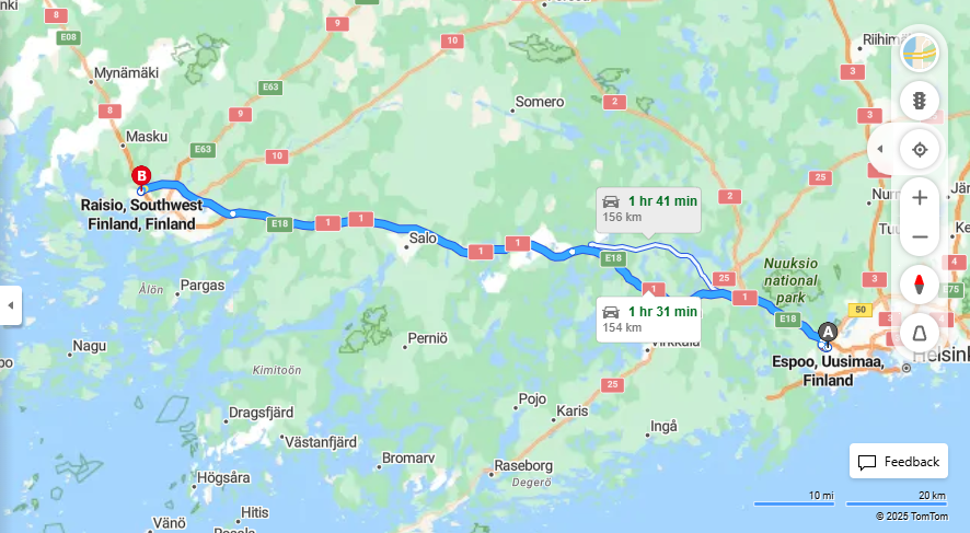 Espoon ja Raision valinen etaisyys, ajo, kuljetus ja matkustusvaihtoehdot