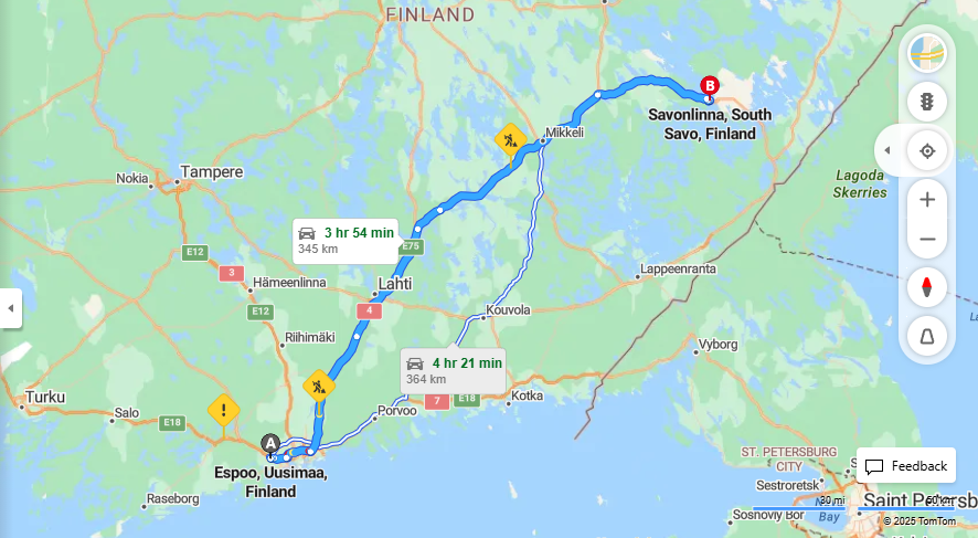 Espoon ja Savonlinna valinen etaisyys, ajo- ja matkustusvaihtoehdot