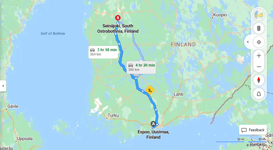 Espoon ja Seinajoen valinen etaisyys, ajo, liikenne ja matkustamisvaihtoehdot