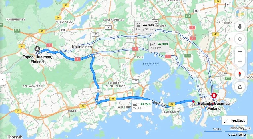 Espoosta Helsinkiin - Etaisyys, Ajo, Kuljetus ja Matkustamisvaihtoehdot