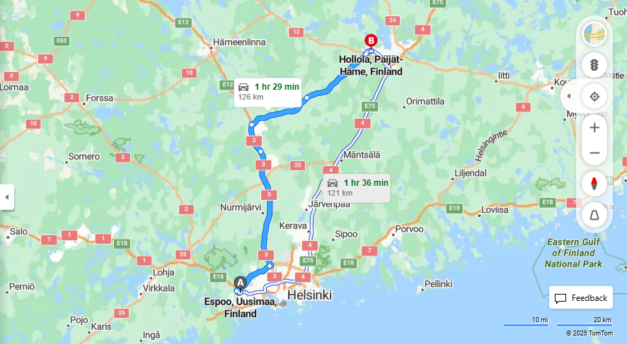 Espoosta Hollolaan - Matkan etaisyys, ajo, kuljetus ja matkustusvaihtoehdot