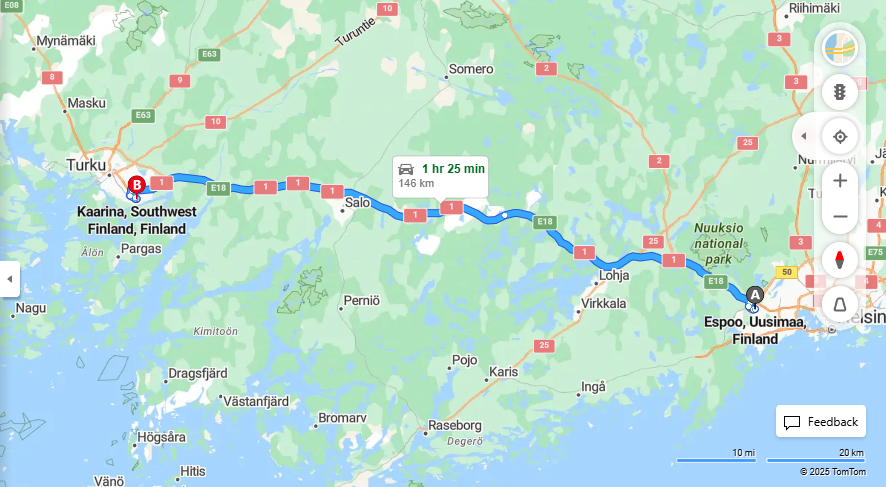 Espoosta Kaarinaan - Etaisyys, Ajomatka, Liikkumismahdollisuudet ja Matkustusvaihtoehdot
