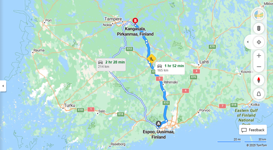 Espoosta Kangasalalle - Etaisyys, Ajo, Kuljetus ja Matkustusmahdollisuudet