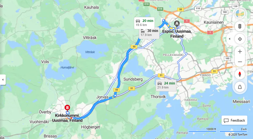 Espoosta Kirkkonummelle - Etaisyys, Ajomatka, Kuljetus ja Matkustusvaihtoehdot