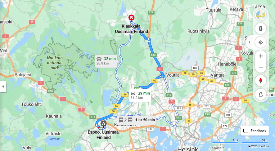 Espoosta Klaukkalaan - Etaisyys, Ajo, Kuljetus ja Matkavaihtoehdot