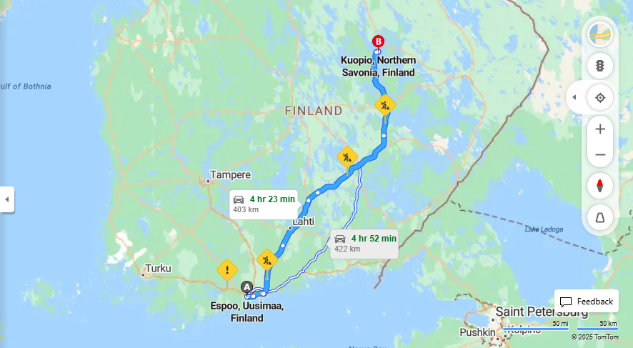 Espoosta Kuopioon - Etaisyys, Ajaminen, Kuljetus ja Matkustusmahdollisuudet