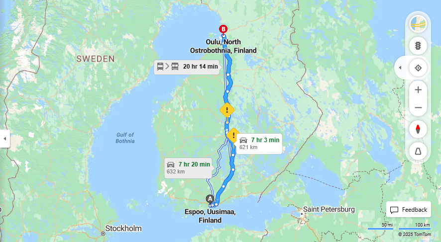 Espoosta Ouluun - Etaisyys, Ajomatka, Kuljetus ja Matkavaihtoehdot