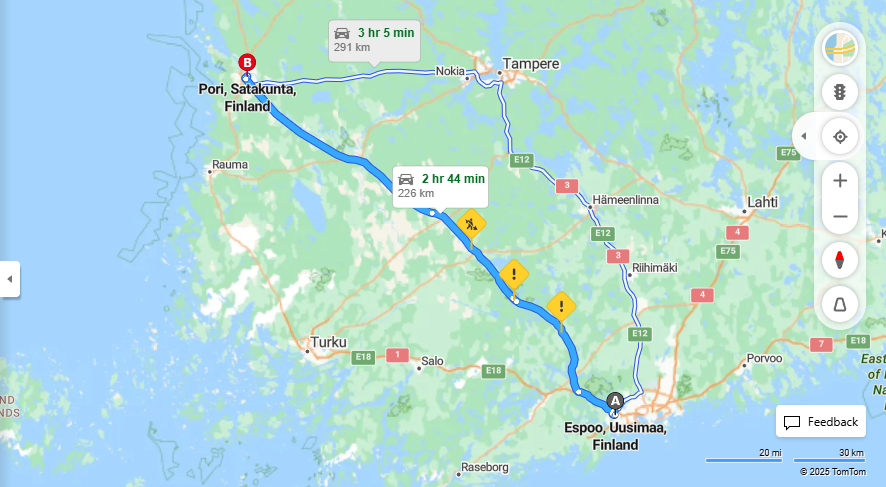 Espoosta Poriin - Etaisyys, Ajaminen, Kuljetus ja Matkustusvaihtoehdot