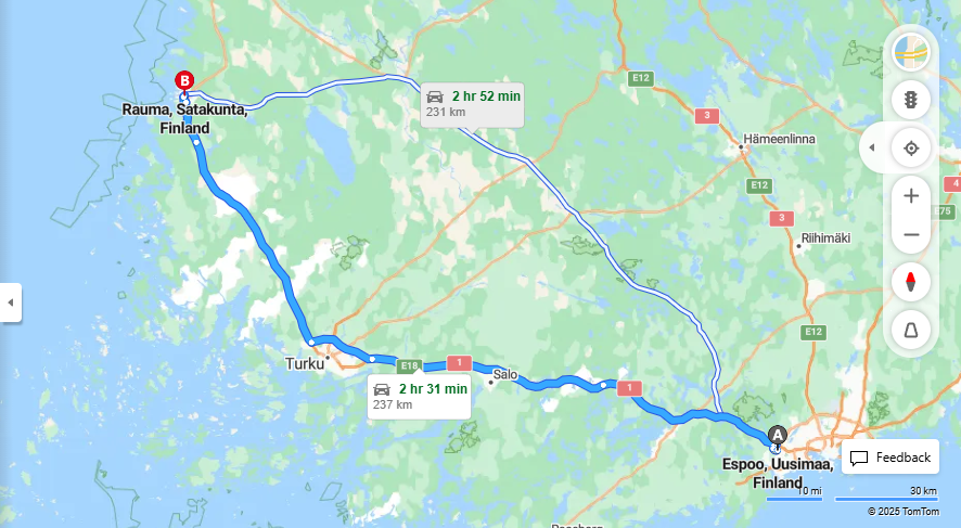 Espoosta Raumaan - Etaisyys, Ajo, Kuljetus ja Matkustusvaihtoehdot