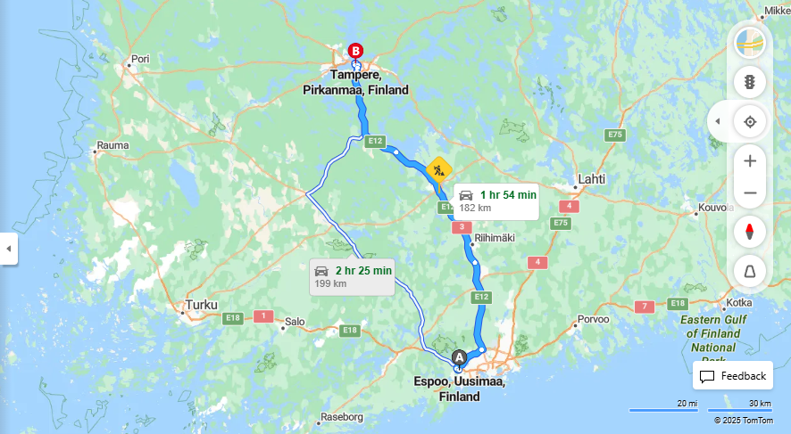 Espoosta Tampereelle - Etaisyys, Ajaminen, Kuljetus ja Matkustusmahdollisuudet