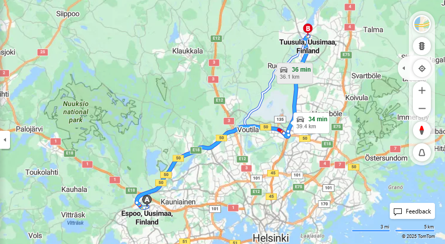 Espoosta Tuusulaan - Etaisyys, Ajo, Kuljetus ja Matkavaihtoehdot