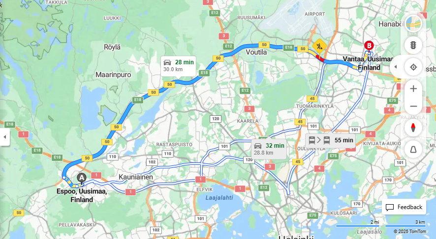 Espoosta Vantaalle - Etaisyys, Ajaminen, Julkinen Liikenne ja Matkustusvaihtoehdot