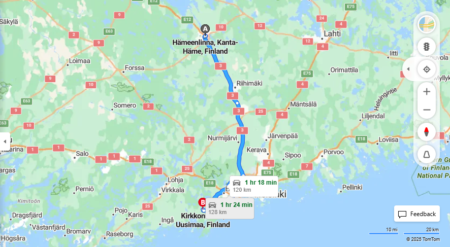 Hameenlinna - Kirkkonummi: Etaisyys, Ajomatka, Liikkumisvaihtoehdot ja Matkustaminen