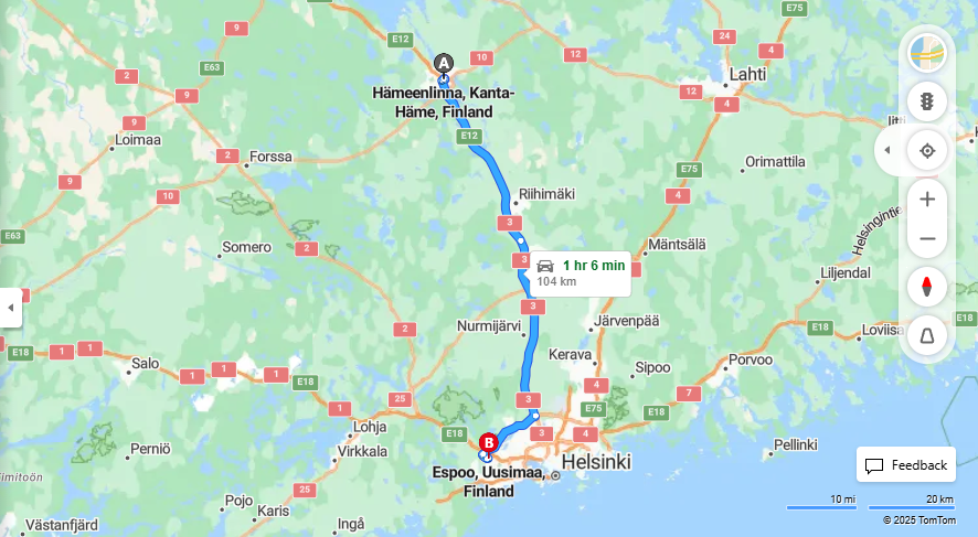 Hameenlinnasta Espooseen - Etaisyys, Ajaminen, Liikkuminen ja Matkustamisvaihtoehdot