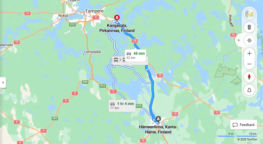 Hameenlinnasta Kangasalle - Etaisyys, Ajo, Liikenne ja Matkustusvaihtoehdot