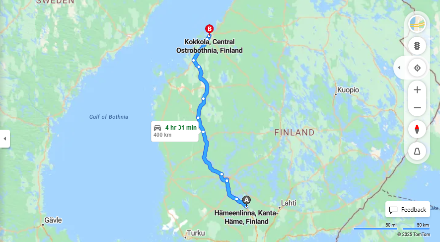 Hameenlinnasta Kokkolaan - Etaisyys, Ajo, Kuljetus ja Matkustusvaihtoehdot