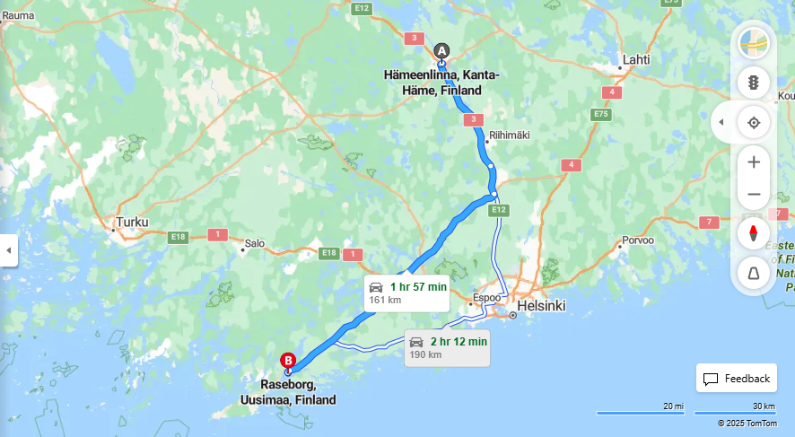 Hameenlinnasta Raseborgiin - Etaisyys, Ajomatka, Kuljetus ja Matkustusmahdollisuudet