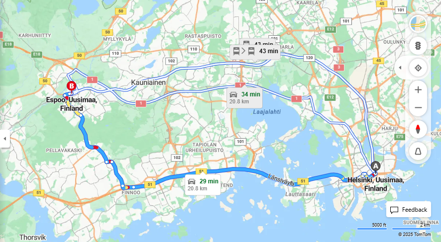 Helsingista Espooseen - Etaisyys, Ajo, Liikkuminen ja Matkustusvaihtoehdot