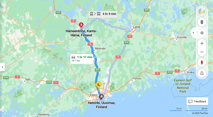 Helsingista Hameenlinnaan - Etaisyydet, Ajaminen, Kuljetus ja Matkustusvaihtoehdot