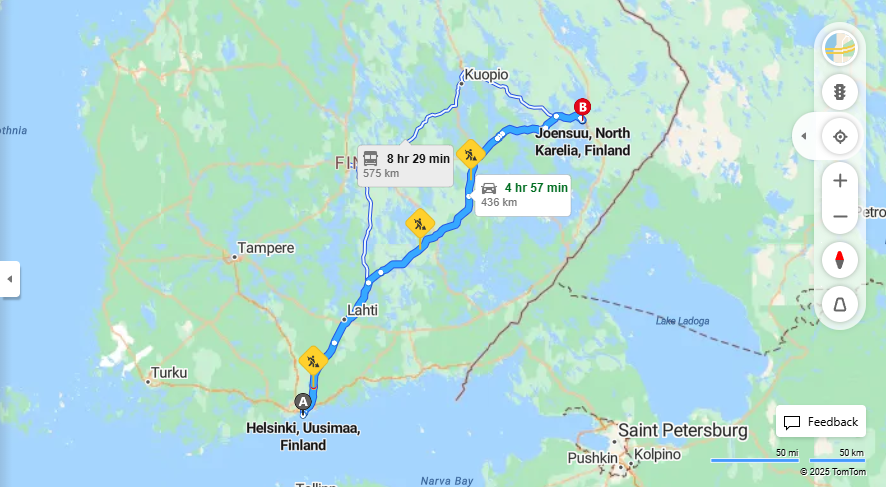 Helsingista Joensuuhun - Etaisyys, Ajo, Liikenne ja Matkustusmahdollisuudet