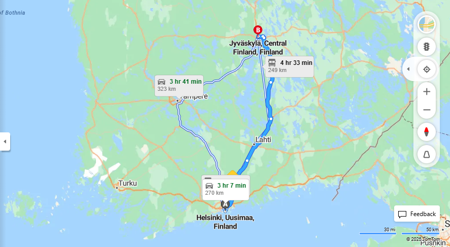 Helsingista Jyvaskylaan - Etaisyys, Ajaminen, Liikenneyhteydet ja Matkavaihtoehdot