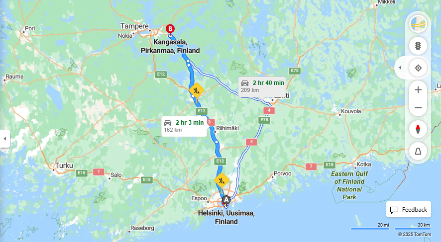 Helsingista Kangasalalle - Valimatka, Ajomatka, Kuljetus ja Matkustusvaihtoehdot