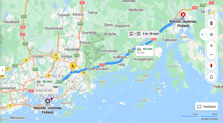 Helsingista Porvooseen - Etaisyys, Ajo, Kuljetus ja Matkavaihtoehdot