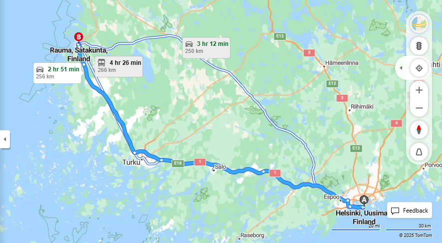 Helsingista Raumalle - Etaisyys, Ajomatka, Kuljetus ja Matkustamisvaihtoehtoja