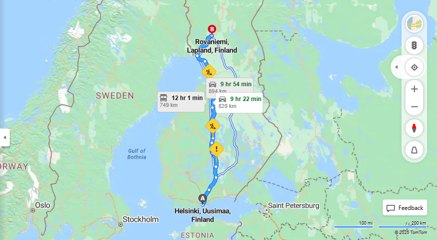 Helsingista Rovaniemelle - Etaisyys, Ajomatka, Liikenne ja Matkustusvaihtoehdot