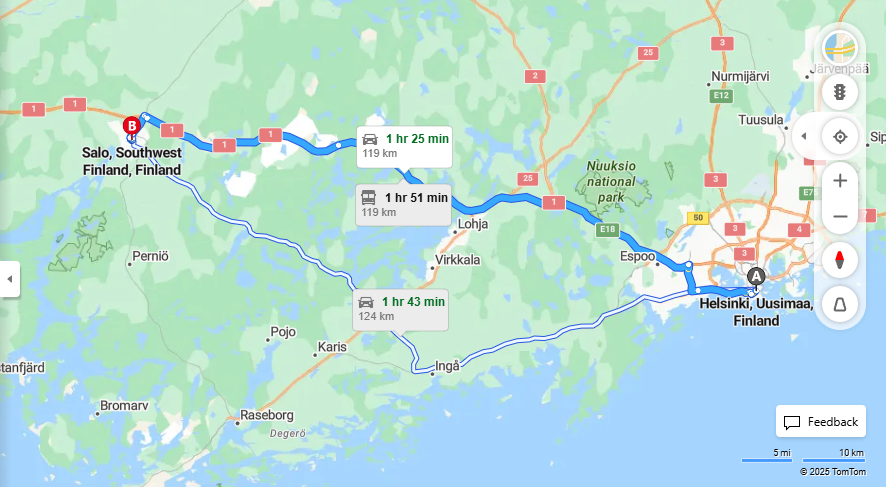 Helsingista Saloon - Etaisyys, Ajo, Kuljetus ja Matkavaihtoehdot