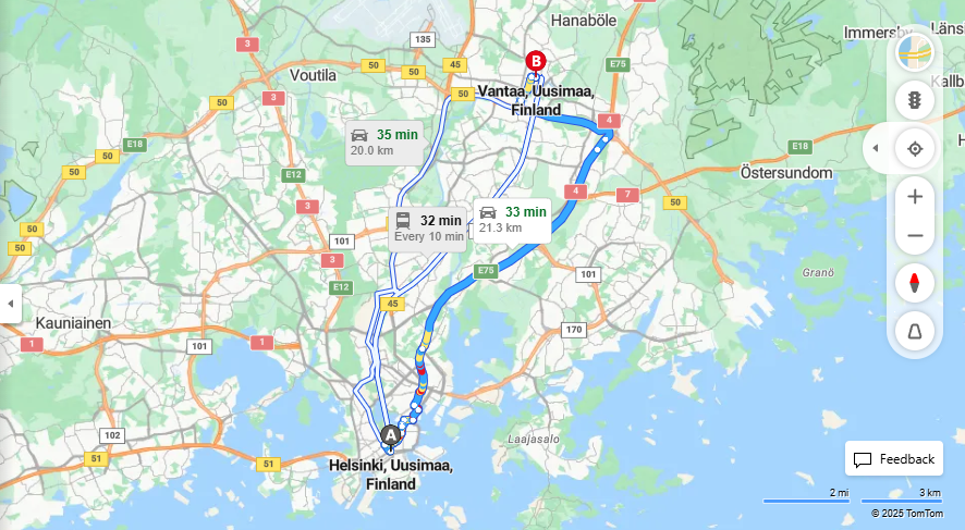 Helsingista Vantaalle - Etaisyys, Ajo, Liikenne ja Matkavaihtoehdot