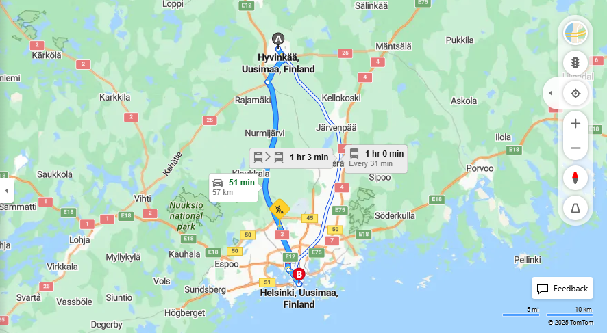 Hyvinkaasta Helsinkiin - Etaisyydet, Ajo, Kuljetus ja Matkustusmahdollisuudet