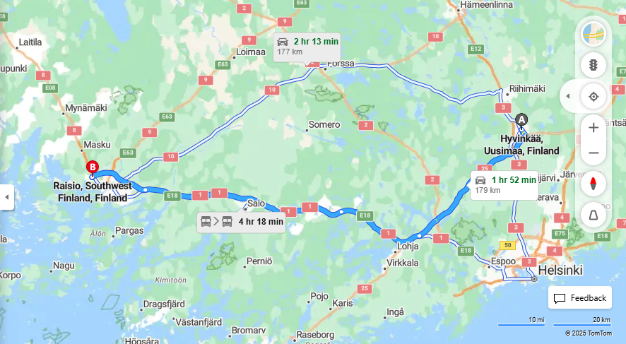Hyvinkaasta Raisioon - Etaisyys, Ajo, Kuljetus ja Matkustusvaihtoehdot