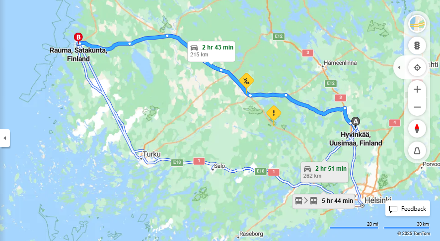Hyvinkaasta Raumaan - Etaisyys, Ajaminen, Kuljetus ja Matkavaihtoehdot