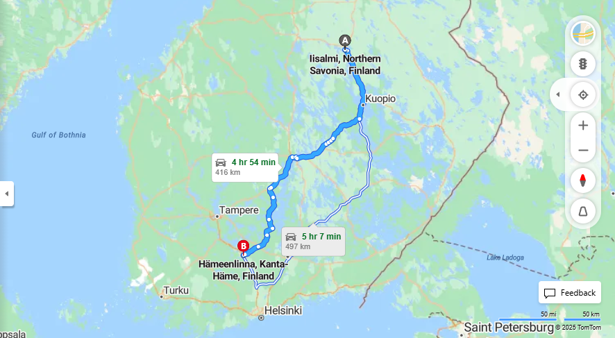 Iisalmesta Hameenlinnaan - Etaisyys, Ajaminen, Liikenne ja Matkustusvaihtoehdot