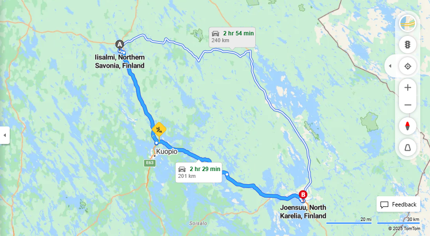 Iisalmesta Joensuuhun - Etaisyys, Ajaminen, Liikkuminen ja Matkavaihtoehdot