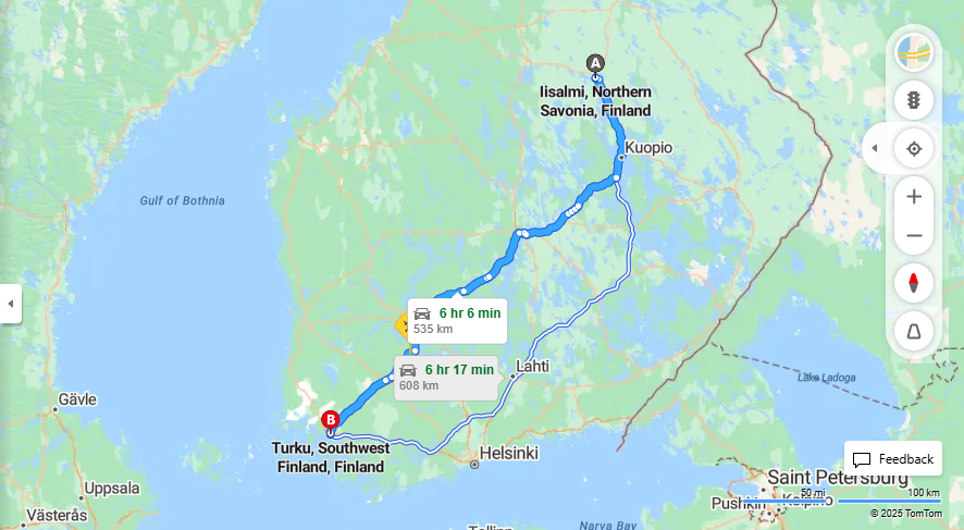 Iisalmesta Turkuun - Etaisyys, Ajo, Kuljetus ja Matkavaihtoehdot