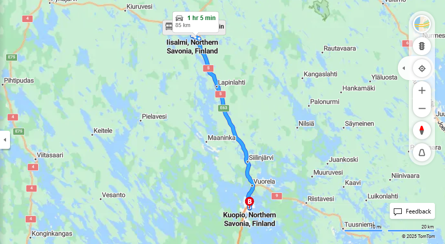 Iisalmi-Kuopio: Etaisyys, Ajomatka, Liikkumisvaihtoehdot ja Matkustaminen
