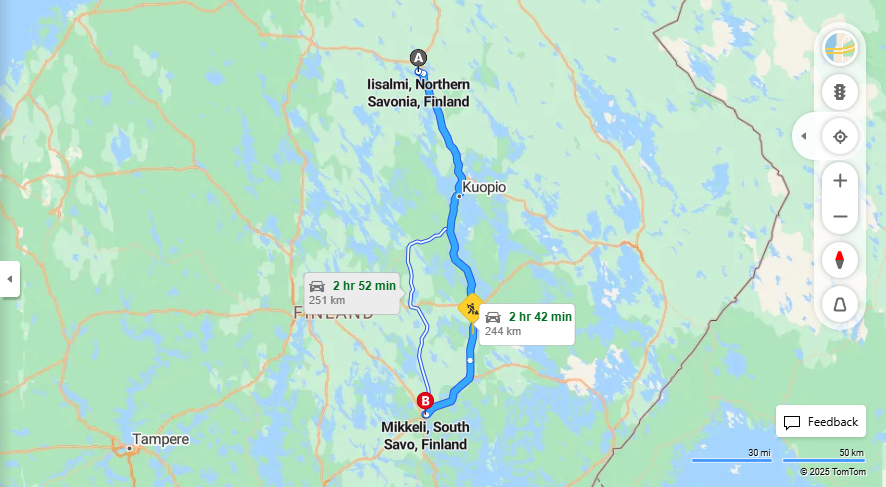 Iisalmin ja Mikkelin valiset etaisyydet ja matkustusvaihtoehdot