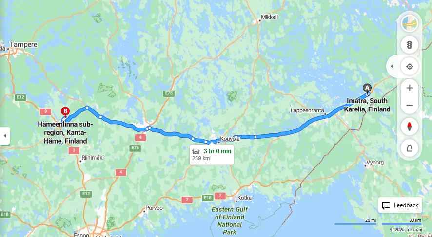 Imatran ja Hameenlinnan valinen matka: Etaisyys, ajo, liikenne ja matkustusvaihtoehdot