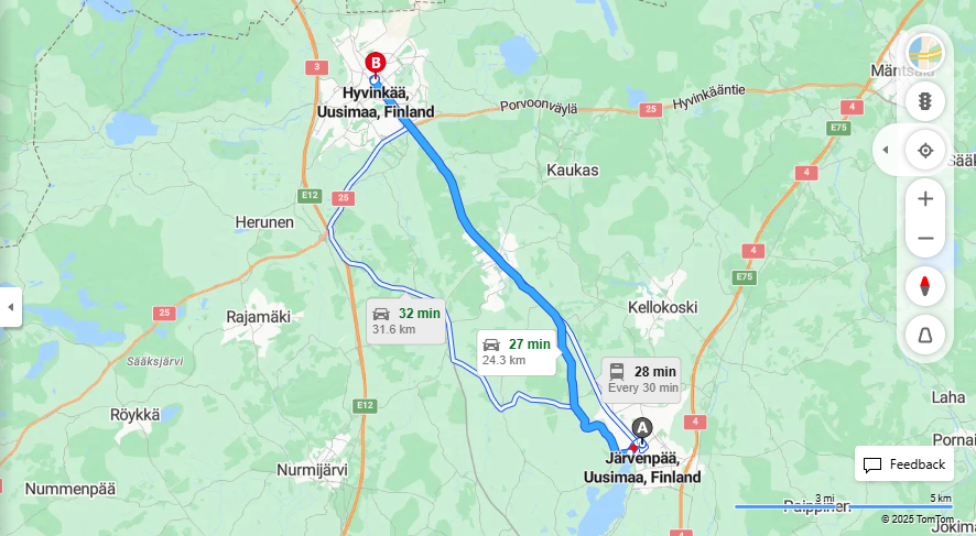 Jarvenpaan ja Hyvinkaan valinen matka: Etaisyys, ajo ja matkustusvaihtoehdot