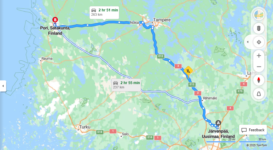 Jarvenpaasta Poriin - Etaisyys, Ajomatka, Kuljetus ja Matkustusvaihtoehdot