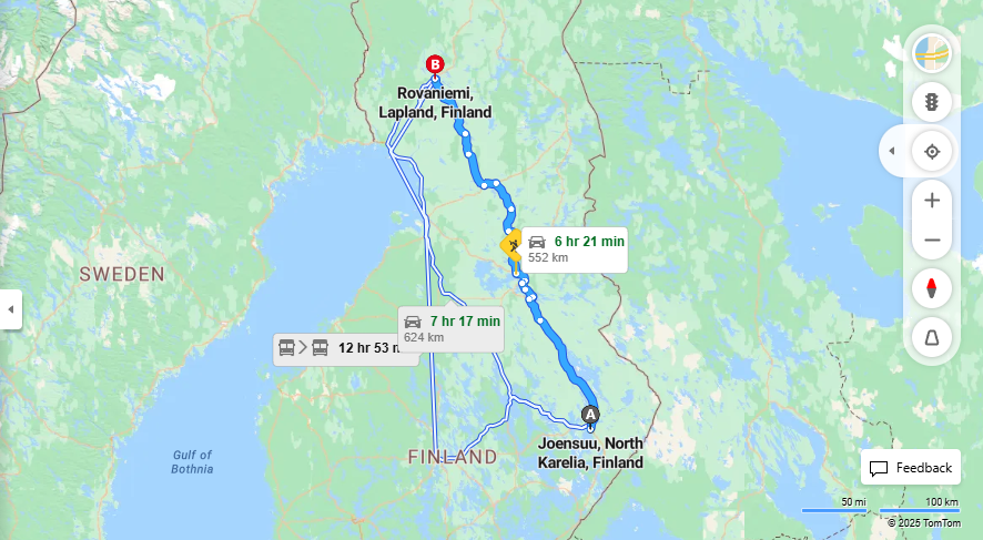 Joensuusta Rovaniemelle - Etaisyys, Ajomatka, Kuljetus ja Matkavaihtoehdot