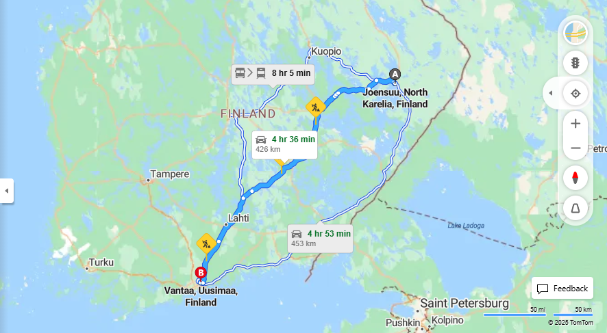 Joensuusta Vantaalle - Etaisyys, Ajo, Liikenne ja Matkustusvaihtoehdot