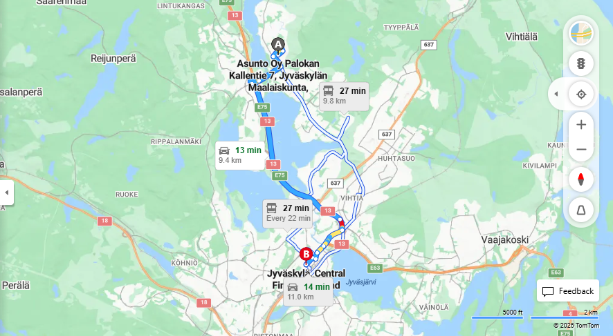 Jyvaskylan Maalaiskunnasta Jyvaskylaan - Etaisyys, Ajomatka, Liikkumis- ja Matkustusvaihtoehdot