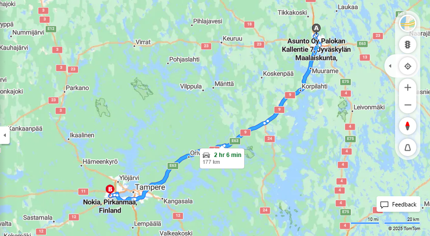 Jyvaskylan Maalaiskunnasta Nokialle - Etaisyys, Ajo, Liikenne ja Matkustusmahdollisuudet