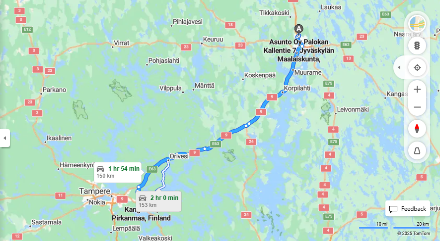 Jyvaskylan Maalaiskunta Kangasalan matkustamisvaihtoehdot ja etaisyys